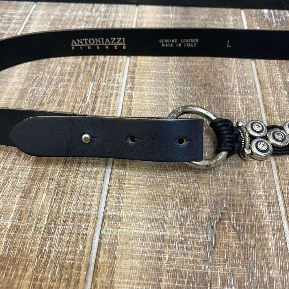 ANTONIAZZI FIRENZE Black Leather Belt Silver Hardware Rhinestones Made in Italy